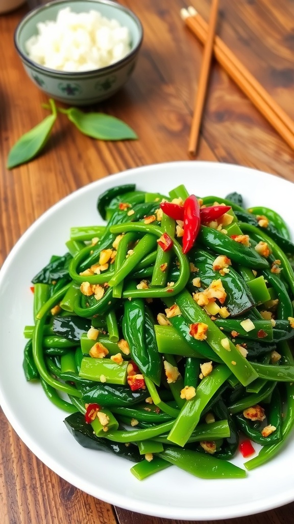 Water spinach stir fry with garlic and chili flakes on a plate, accompanied by a bowl of rice.